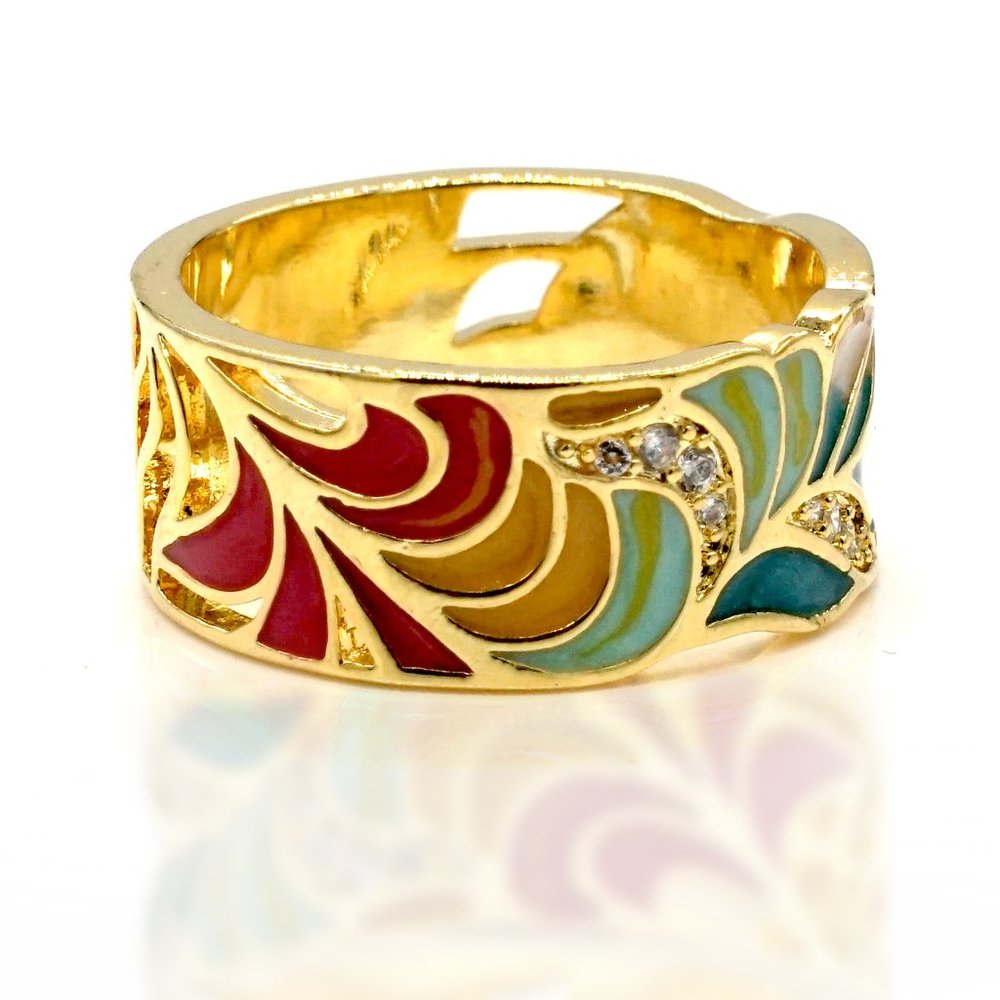 S925 Silver plated multi color fashion ring with golden color feathering. - Picture 8 of 12